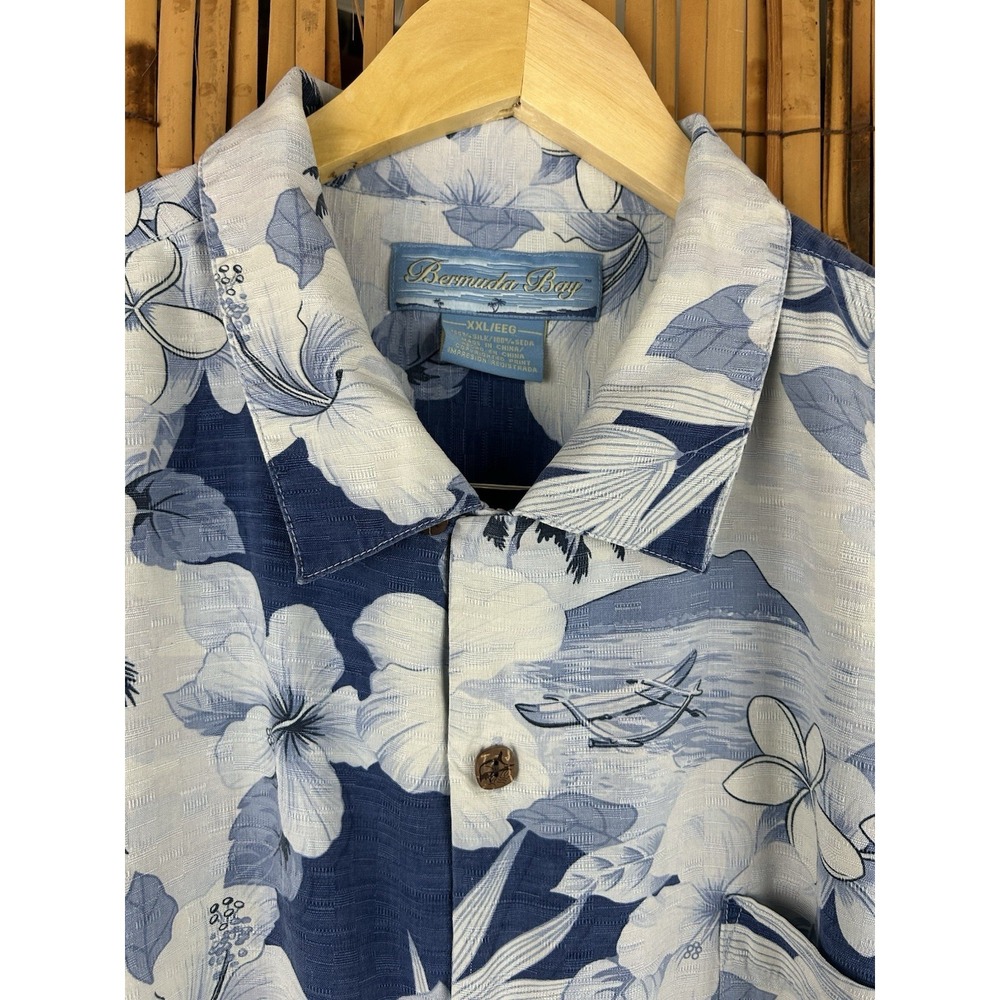 Bermuda Bay 100% Silk Hawaiian Shirt Blue White‎ Short Sleeve Button Up Size 2XL - Picture 3 of 13